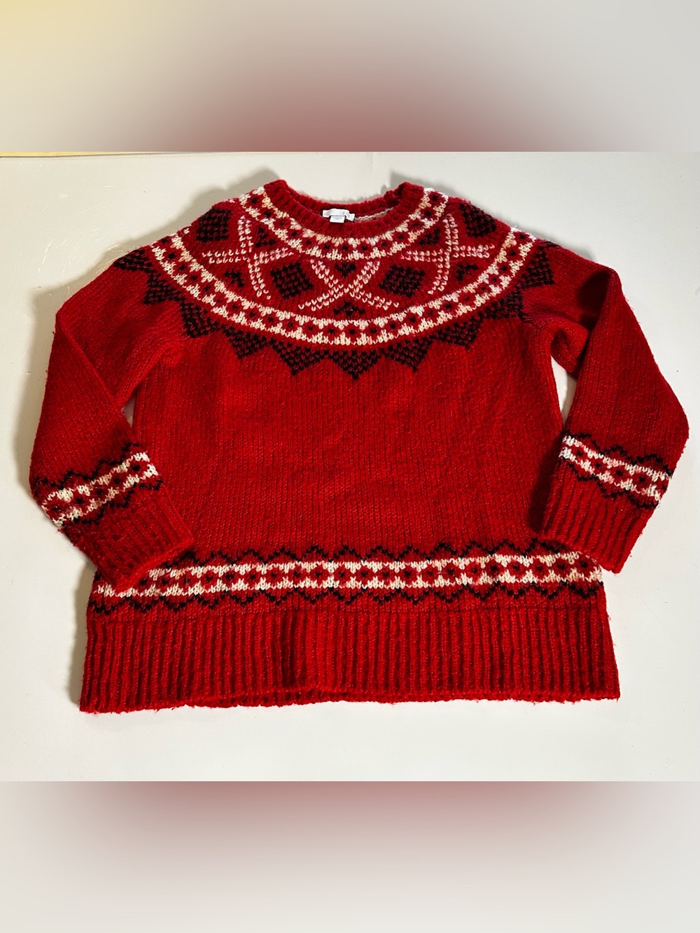 J. Jill Wool Blend Fair Isle Icelandic Nordic Pullover Sweater Red Ski Womens XS